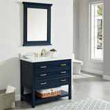 36" Manhattan Freestanding Solid Wood Bathroom Vanity in Navy Blue with Natural Carrara White Marble Sink Top with 4 In. Backsplash