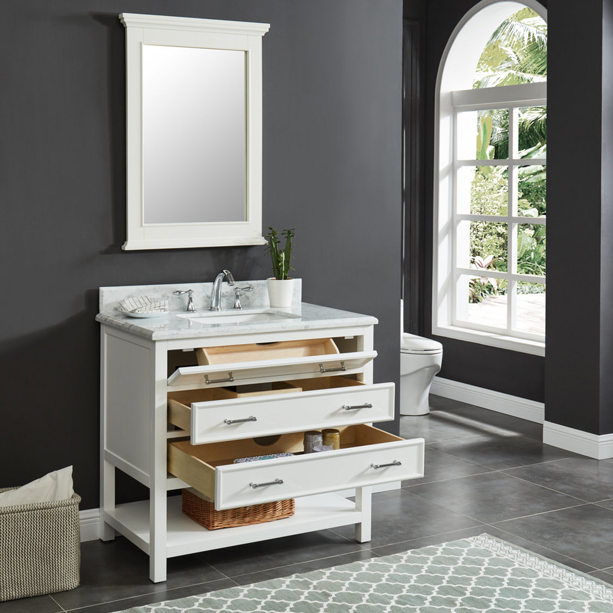 36" Manhattan Freestanding Solid Wood Bathroom Vanity in White with Natural Carrara White Marble Sink Top with 4 In. Backsplash