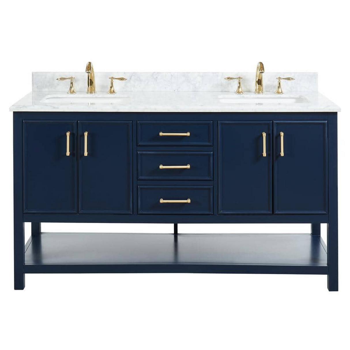 60" Manhattan Freestanding Solid Wood Bathroom Vanity in Navy Blue with Natural Carrara White Marble Double Sink Top with 4 In. Backsplash