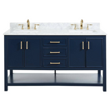 60" Manhattan Freestanding Solid Wood Bathroom Vanity in Navy Blue with Natural Carrara White Marble Double Sink Top with 4 In. Backsplash