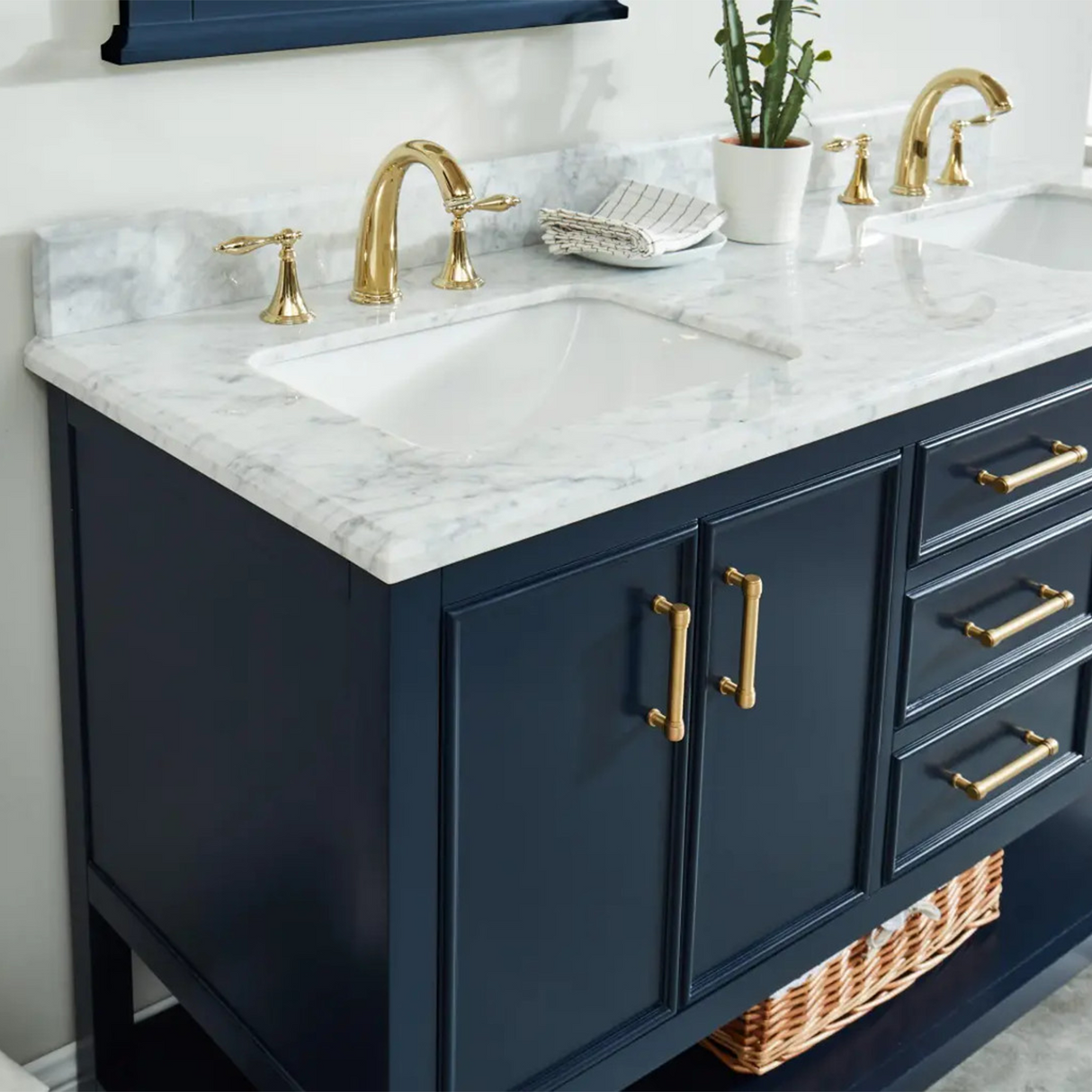 60" Manhattan Freestanding Solid Wood Bathroom Vanity in Navy Blue with Natural Carrara White Marble Double Sink Top with 4 In. Backsplash