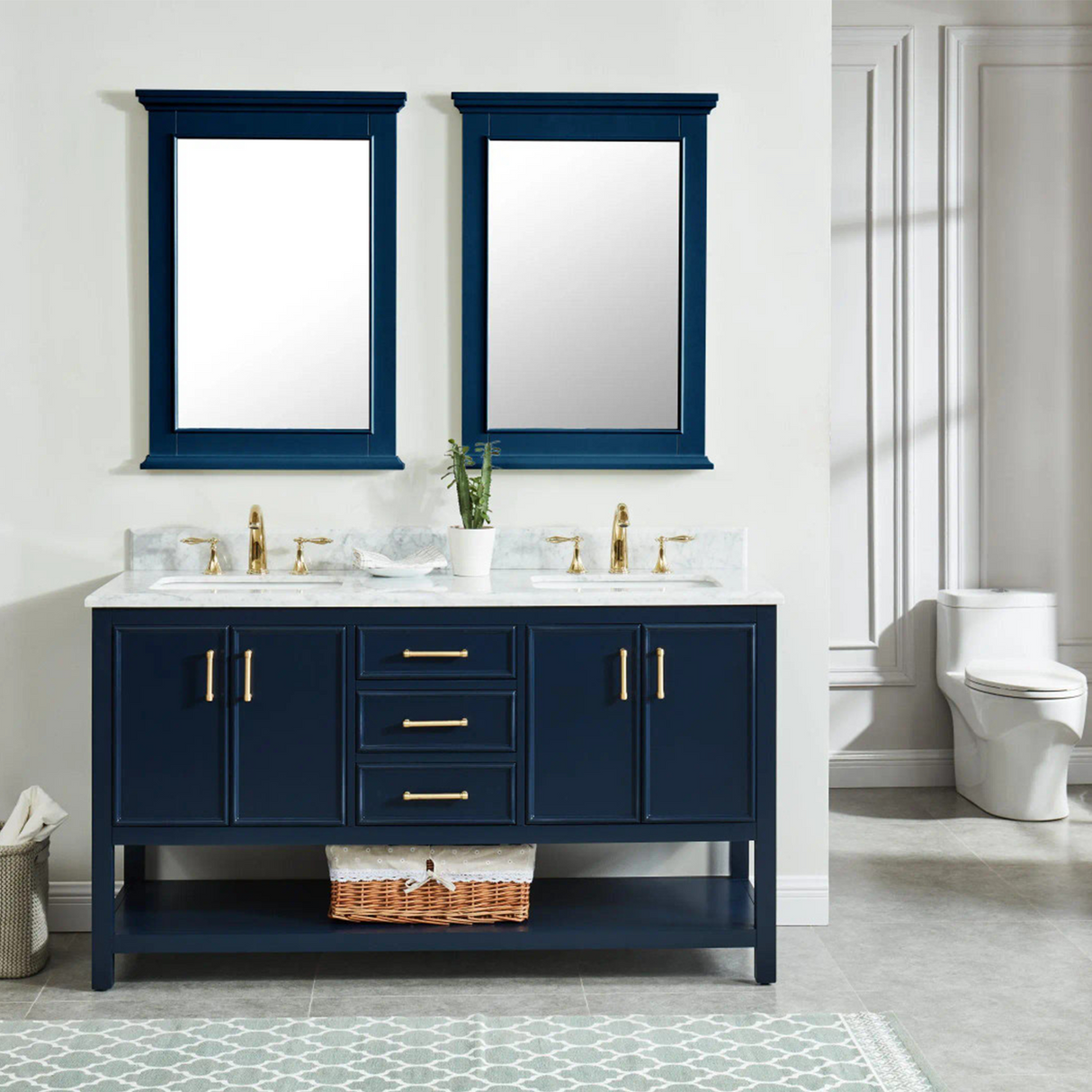 60" Manhattan Freestanding Solid Wood Bathroom Vanity in Navy Blue with Natural Carrara White Marble Double Sink Top with 4 In. Backsplash