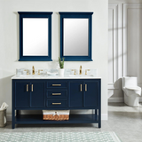 60" Manhattan Freestanding Solid Wood Bathroom Vanity in Navy Blue with Natural Carrara White Marble Double Sink Top with 4 In. Backsplash