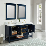 60" Manhattan Freestanding Solid Wood Bathroom Vanity in Navy Blue with Natural Carrara White Marble Double Sink Top with 4 In. Backsplash