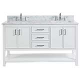 60" Manhattan Freestanding Solid Wood Bathroom Vanity in White with Natural Carrara White Marble Double Sink Top with 4 In. Backsplash