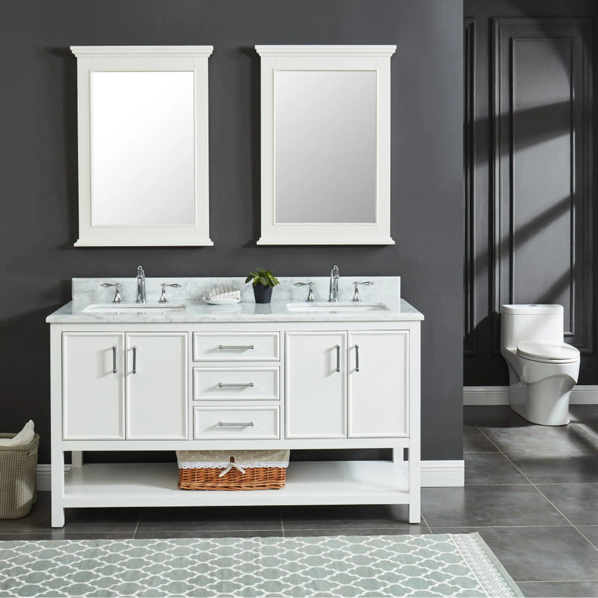 60" Manhattan Freestanding Solid Wood Bathroom Vanity in White with Natural Carrara White Marble Double Sink Top with 4 In. Backsplash