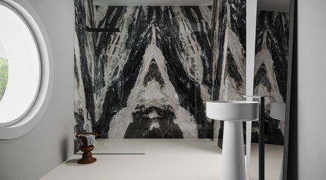 48 x 110 in Majesto Bianco Dior Bookmatch Cut Polished Rectified Colorsync Sintered Slab 6 mm installed