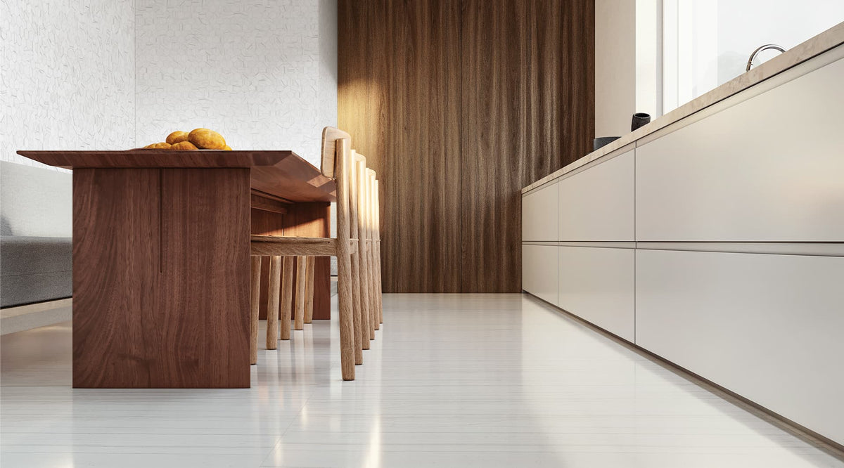 48 x 110 in Majesto Bianco Stratura Polished Rectified Colorsync Sintered Slab 6 mm installed