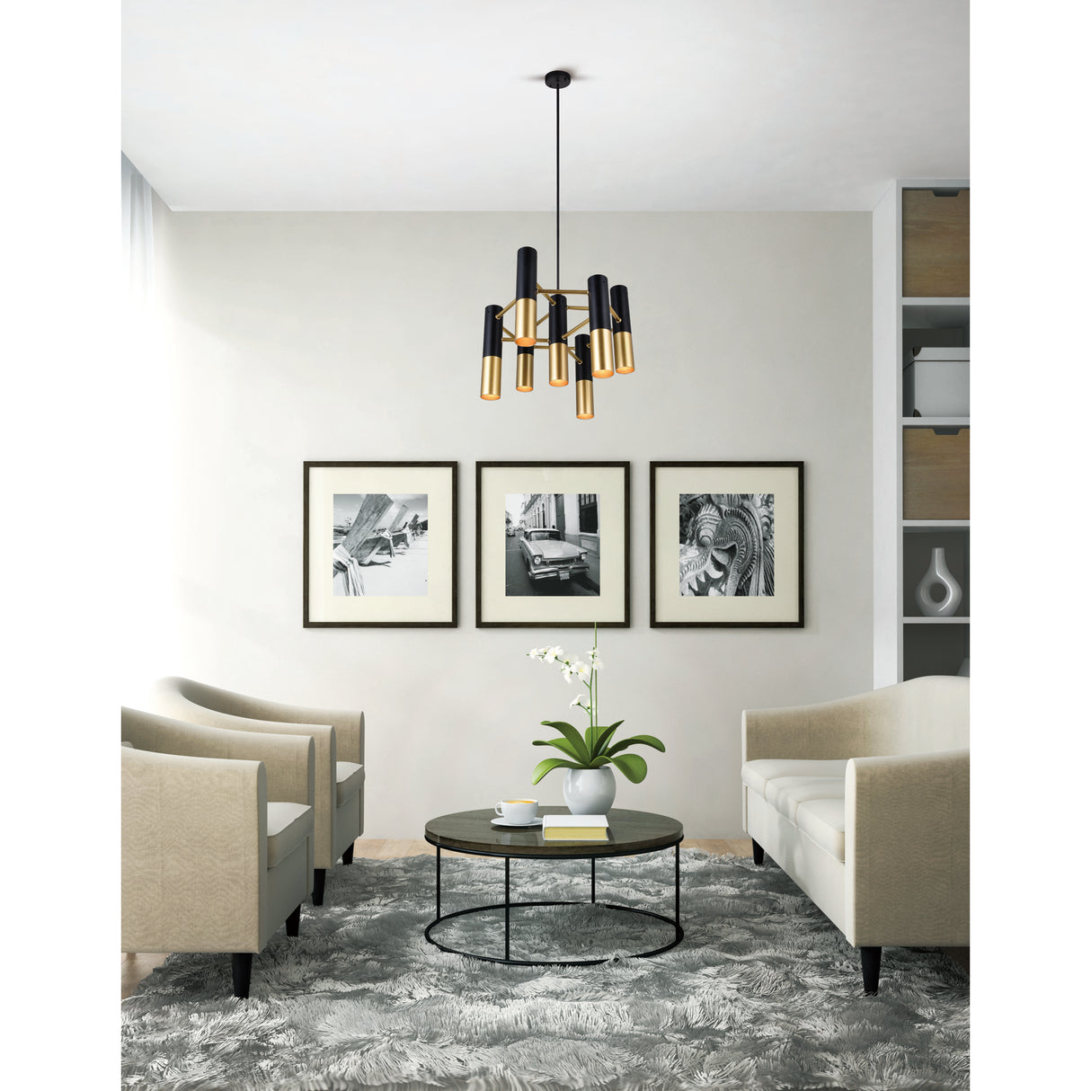 Anem 7 Light Matte Black & Satin Gold Down Chandelier