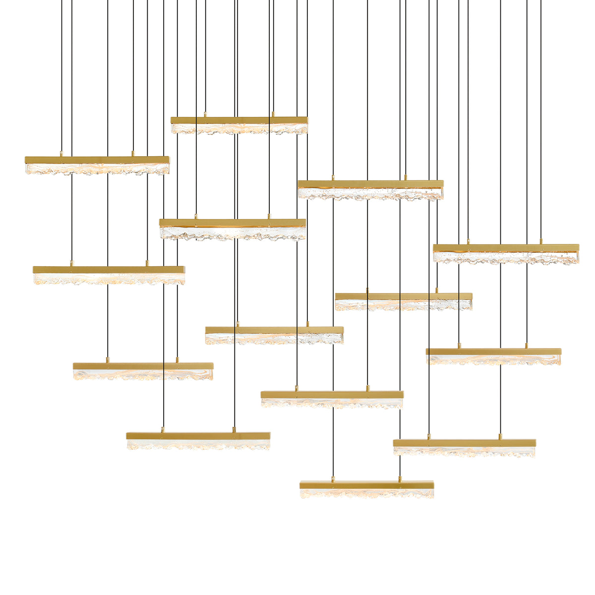 Stagger Integrated LED 60in Brass Chandelier with Handcrafted Glass