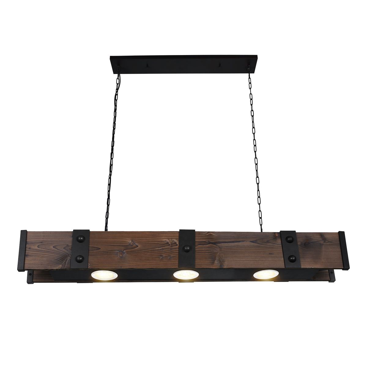 Pago 3 Light 42in Black & Wood Drum Shade Island Light