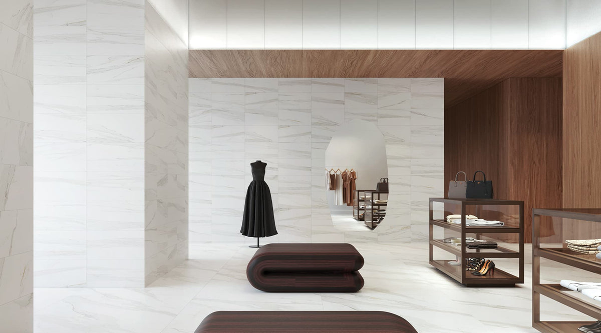 48 x 110 in Majesto Calacatta Borghini Honed Rectified Colorsync Sintered Slab 6 mm installed