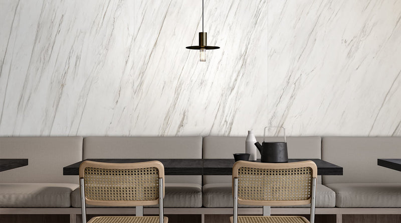 48 x 110 in Majesto Calacatta Cremo Polished Rectified Colorsync Sintered Slab 6 mm installed