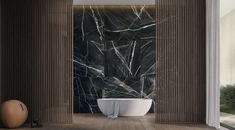 48 x 110 in Majesto Calacatta Noir Polished Rectified Colorsync Sintered Slab 6 mm installed