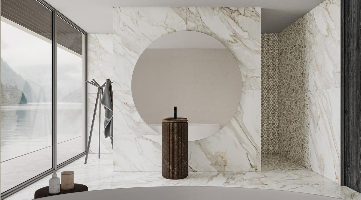 36 x 36 in Majesto Calacatta Oro Polished Rectified Colorsync Porcelain Tile installed
