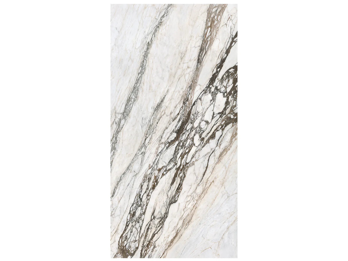 63 x 126 in Calacatta Picasso Block 32 Bookmatch Cut Honed Rectified Sintered Slab 6 mm