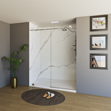 60" x 76" Frameless Shower Door with Chrome - Solid Surface Shower Base Tray - Shower Kit with covered drain - and 5pc Shower Wall System