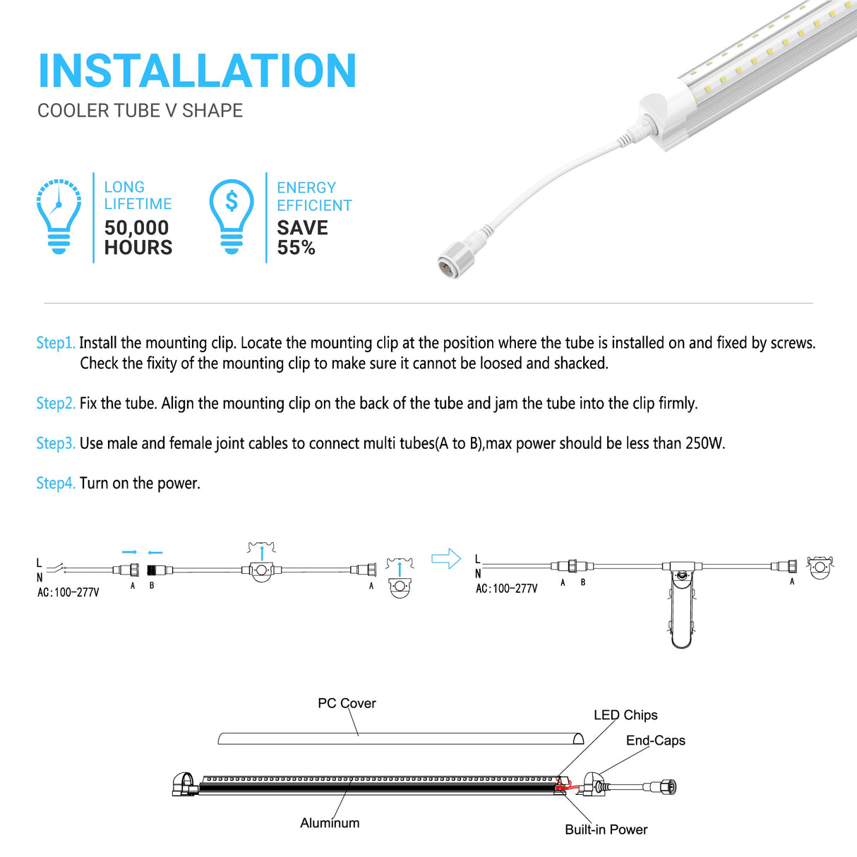 LED Tube Lights 4 Ft 22W - V Shape 2160 Lumens - 5000k Clear - Suitable For Cooler Doors Illumination