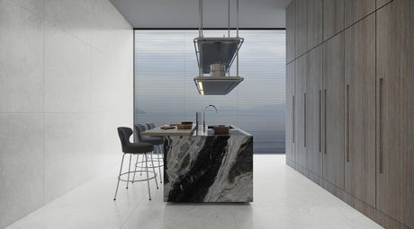 48 x 110 in Majesto Crystal Bianco Honed Rectified Colorsync Sintered Slab 6 mm installed