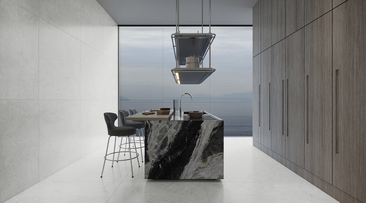 48 x 110 in Majesto Crystal Bianco Polished Rectified Colorsync Sintered Slab 6 mm installed