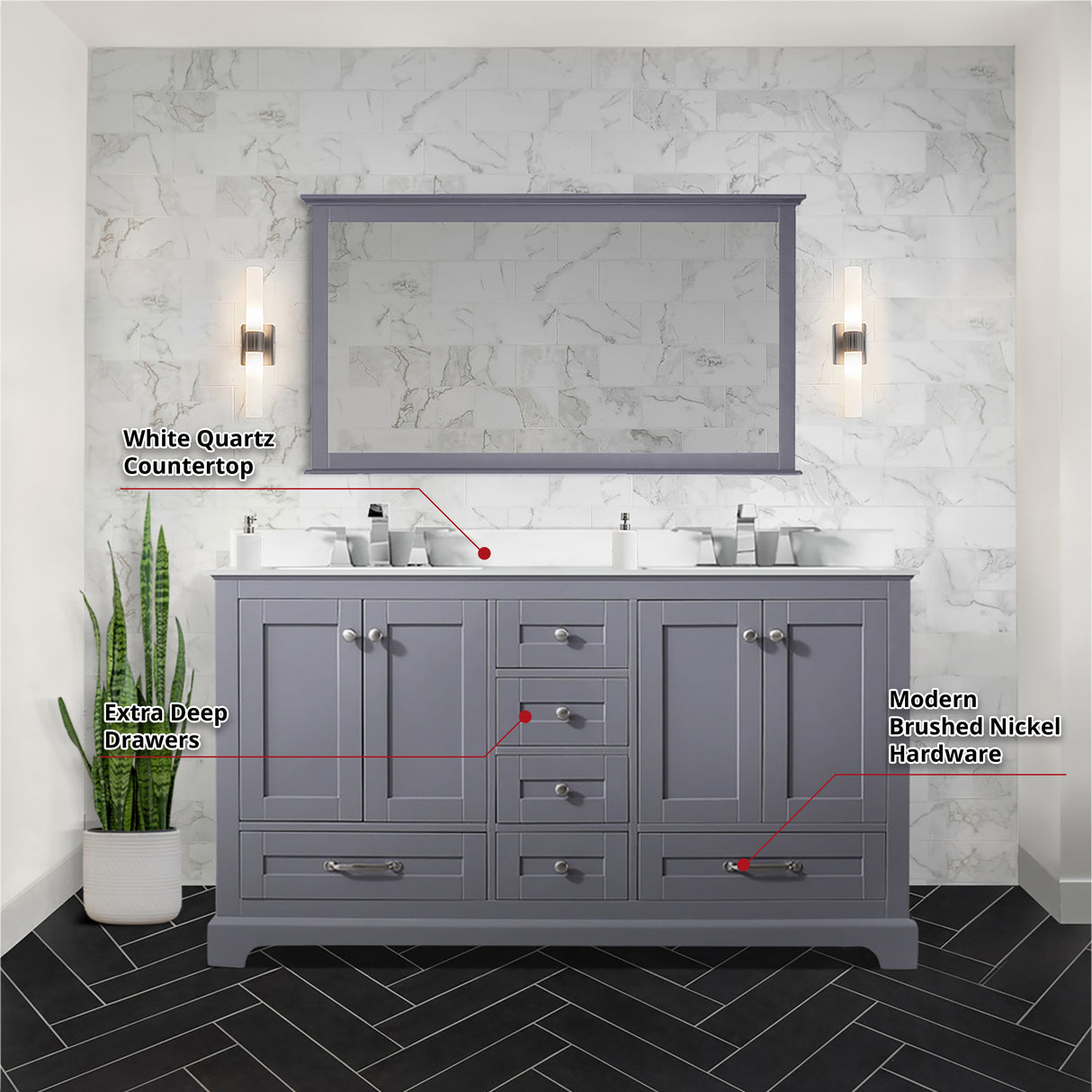 Dukes 60" Dark Grey Double Vanity, White Quartz Top, White Square Sinks and 58" Mirror