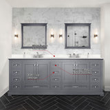 Dukes 84" Dark Grey Double Vanity, White Quartz Top, White Square Sinks and 34" Mirrors w/ Faucets