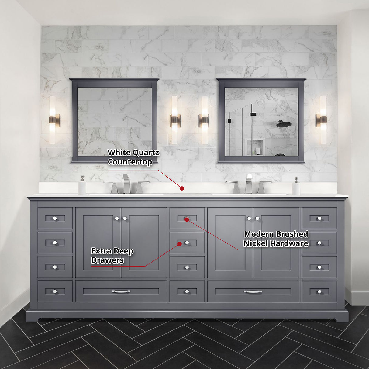 Dukes 84" Navy Blue Double Vanity, White Quartz Top, White Square Sinks and 34" Mirrors w/ Faucets
