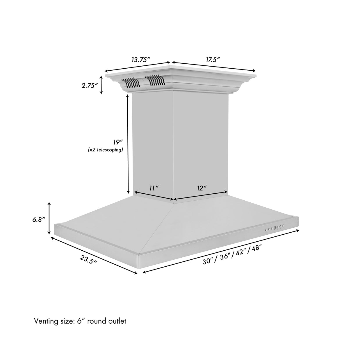 36" ZLINE CrownSound™Ducted Vent Island Mount Range Hood in Stainless Steel with Built-in Bluetooth Speakers (GL2iCRN-BT-36)