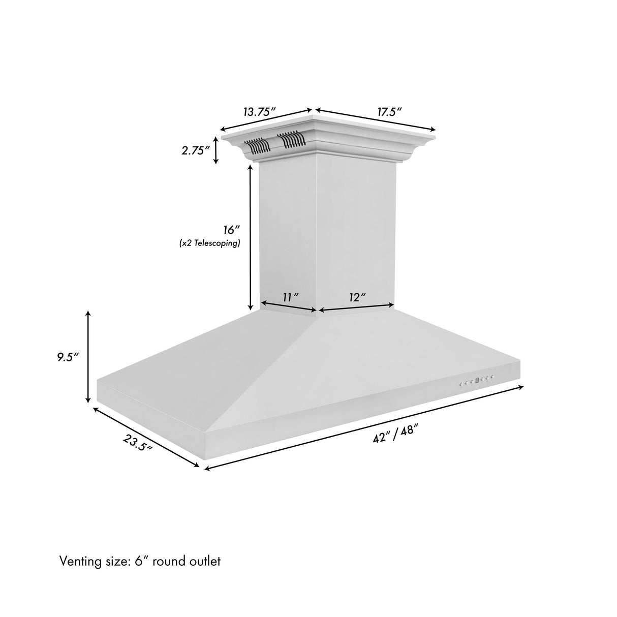 48" ZLINE CrownSound™Ducted Vent Island Mount Range Hood in Stainless Steel with Built-in Bluetooth Speakers (KL3iCRN-BT-48)
