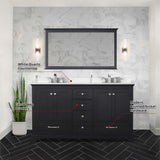 Dukes 60" Espresso Double Vanity, White Quartz Top, White Square Sinks and 58" Mirror