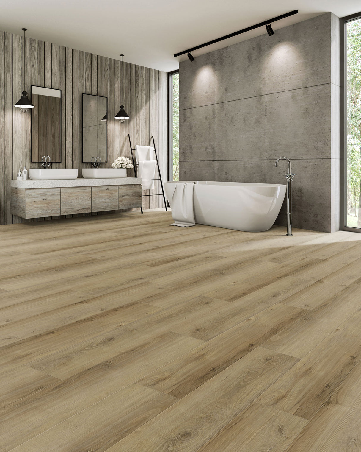 WPC Luxury Vinyl Flooring, Click Lock Floating, Tropical Walnut, 9" X 60" X 8mm, 22 mil Wear Layer - Essentials Collection (29.92 SQFT/CTN)