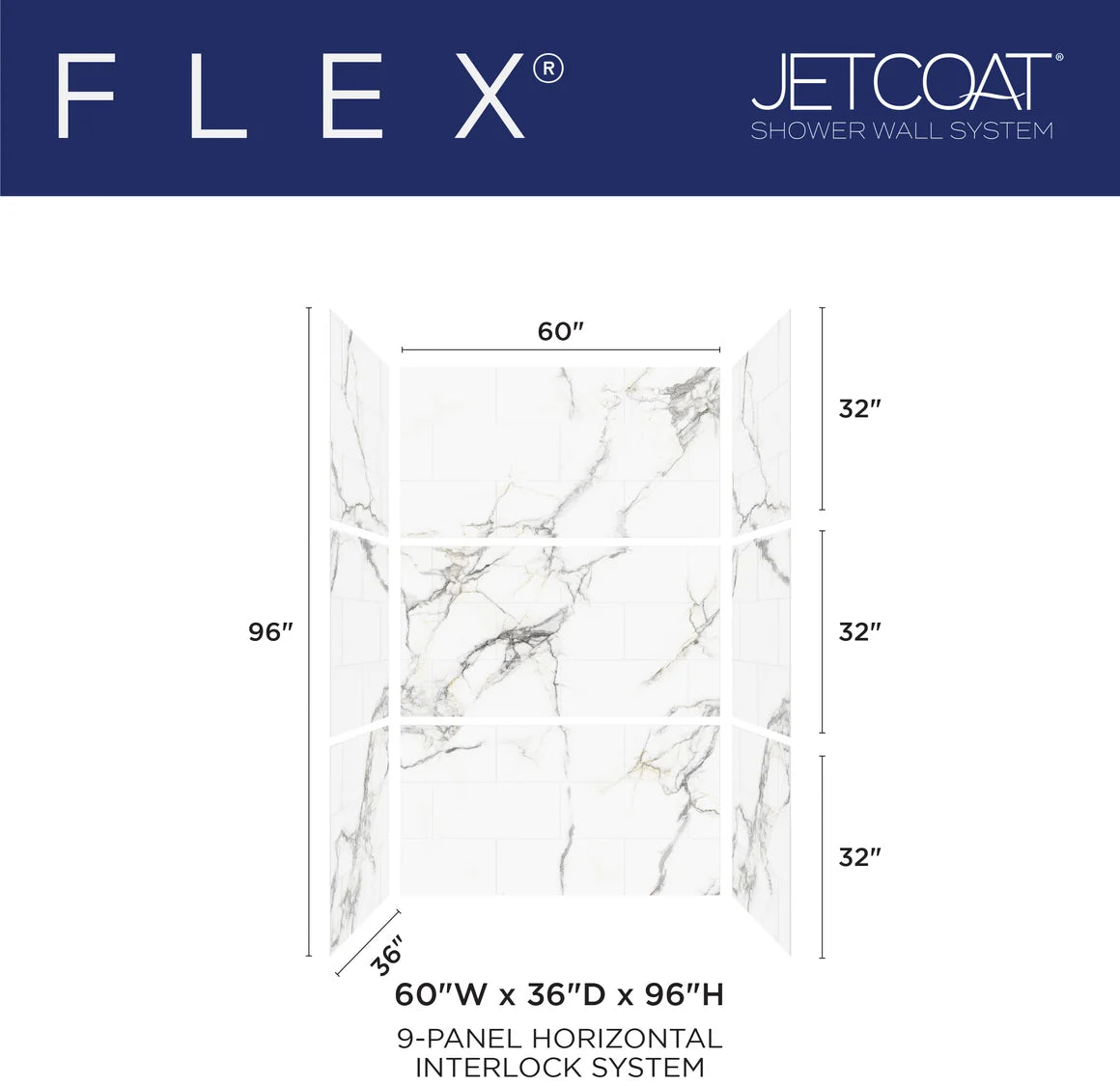 60"x36"X96" JETCOAT FLEX Bianco Marble Shower Wall System