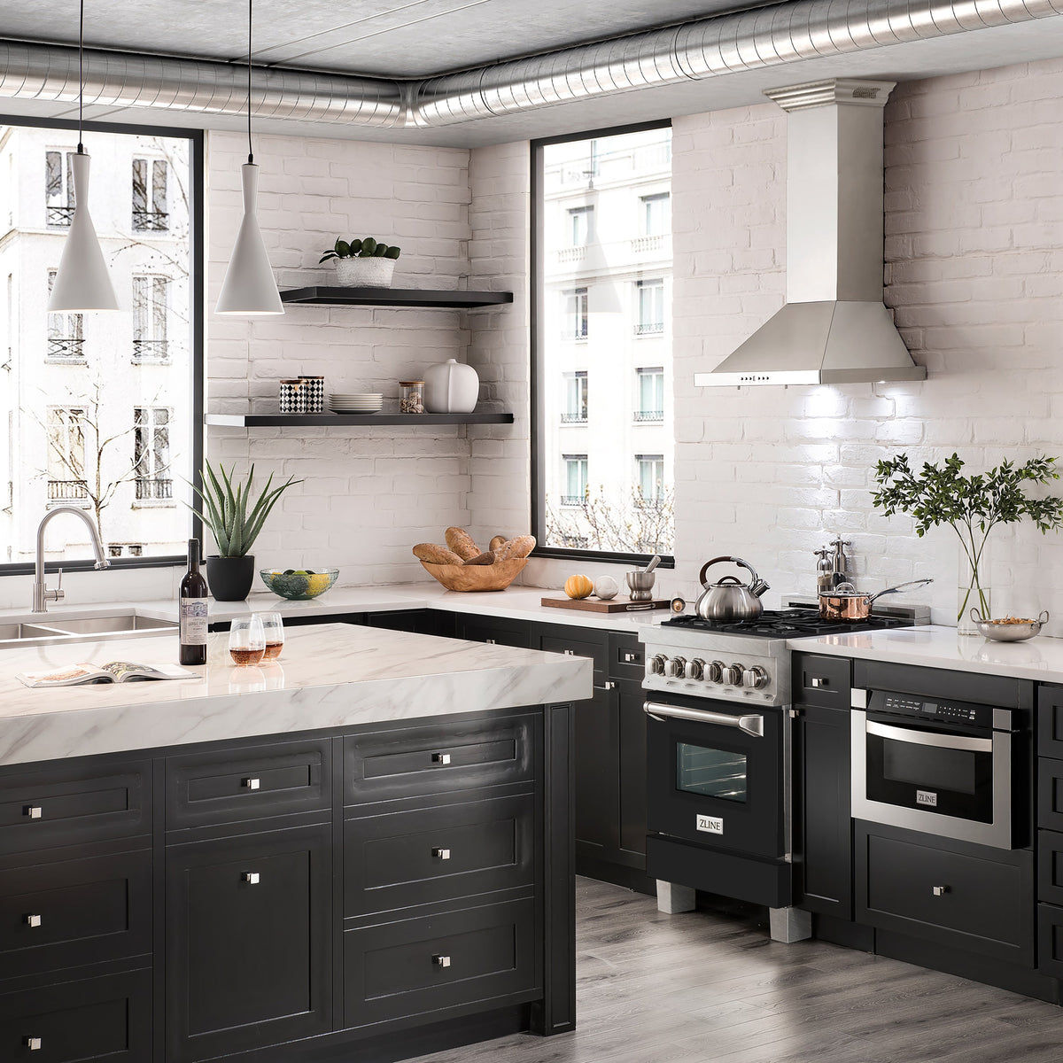 ZLINE 24 in. 2.8 cu. ft. Legacy Dual Fuel Range with 4 Burner Gas Cooktop and Electric Convection Oven in Satin Stainless Steel and Black Matte Door (RAS-BLM-24)