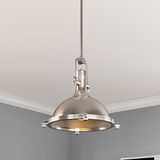 Industrial Pendant Light Fixture, Satin Nickel Finish, Dome Shape, Includes Extension Rods 1x6"+3x12", E26 Base