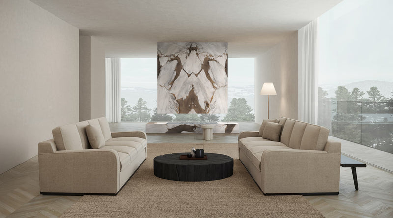 48 x 110 in Majesto Gemma Bronze Bookmatch Cut Polished Rectified Colorsync Sintered Slab 6 mm installed