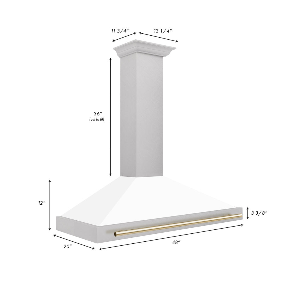 ZLINE 48 in. Autograph Edition Convertible Fingerprint Resistant DuraSnow® Stainless Steel Range Hood with White Matte Shell and Polished Gold Handle (KB4SNZ-WM48-G)