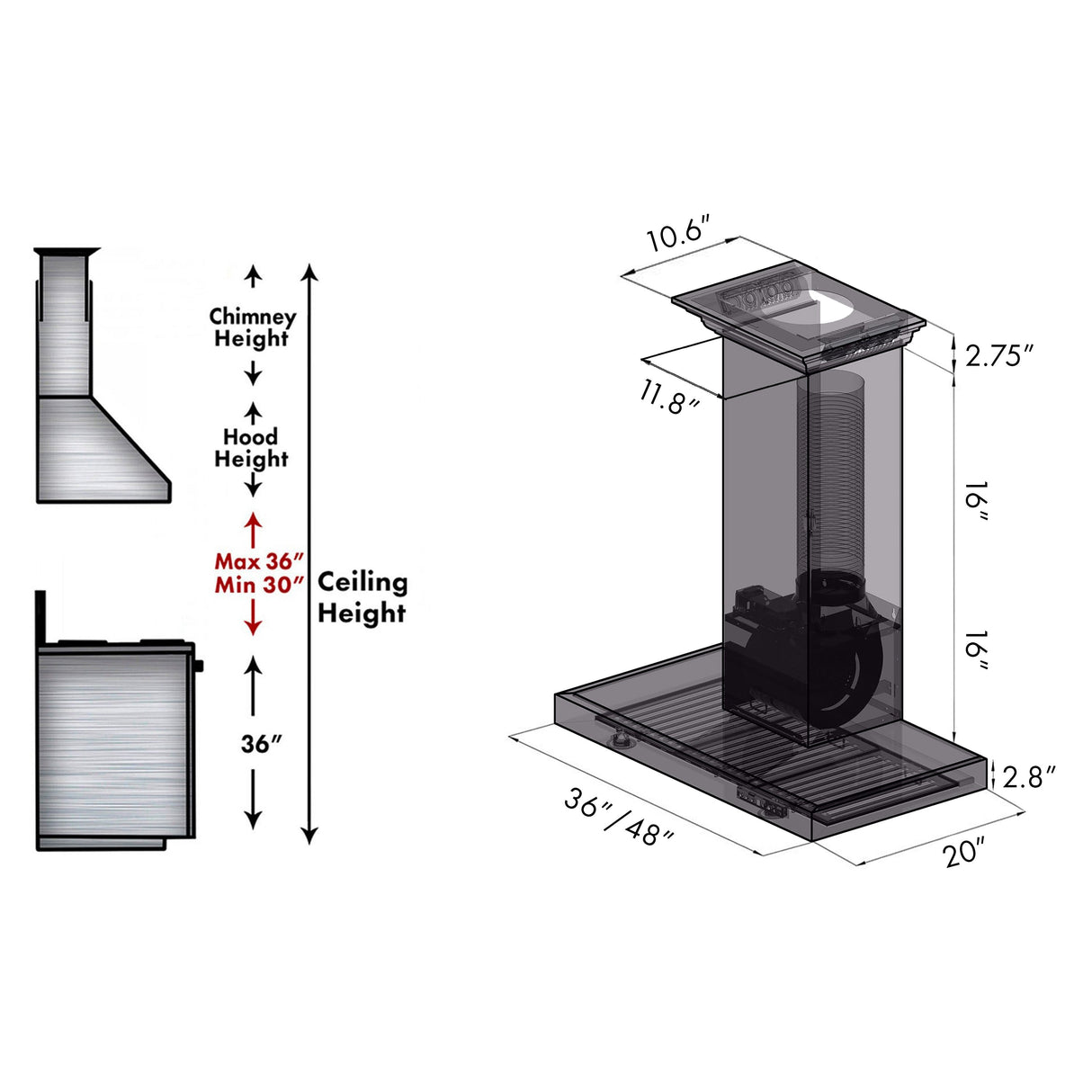 36" ZLINE CrownSound™Ducted Vent Wall Mount Range Hood in Stainless Steel with Built-in Bluetooth Speakers (KECRN-BT-36)