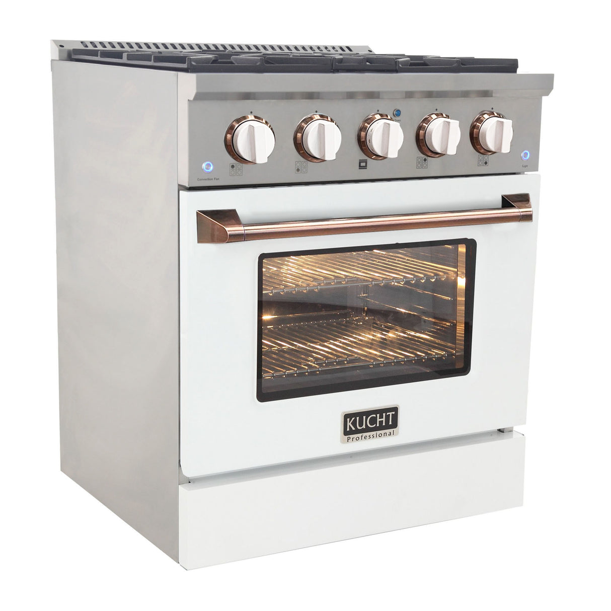 KUCHT Professional 30 in. 4.2 cu. ft. Dual Fuel Range for Propane Gas with Sealed Burners and Convection Oven in Stainless Steel with White Oven Door White Knobs and Gold Knob Rings