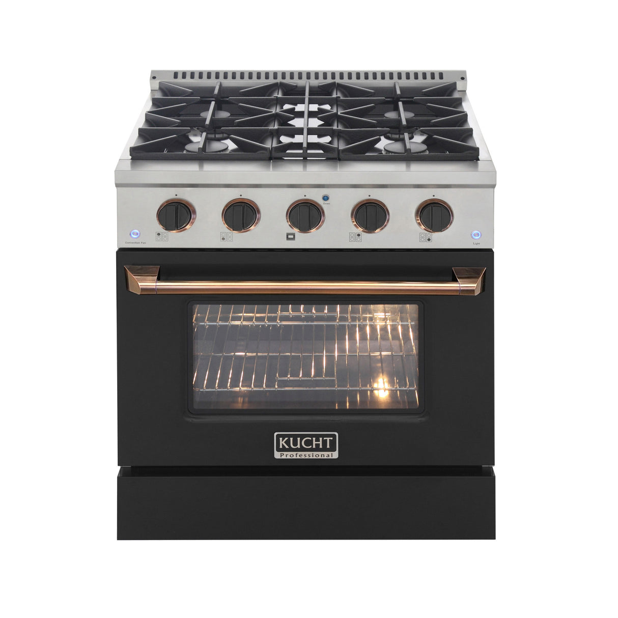 KUCHT Professional 30 in. 4.2 cu. ft. Natural Gas Range with Sealed Burners and Convection Oven in Stainless Steel with Black Oven Door, Black Knobs and Ring Knobs
