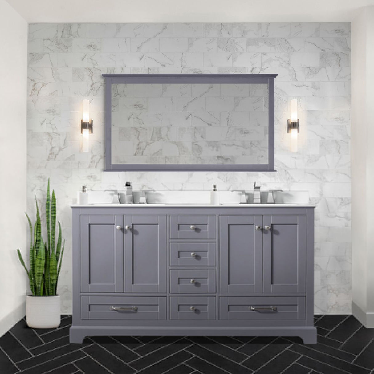 Dukes 60" Dark Grey Double Vanity, White Quartz Top, White Square Sinks and 58" Mirror