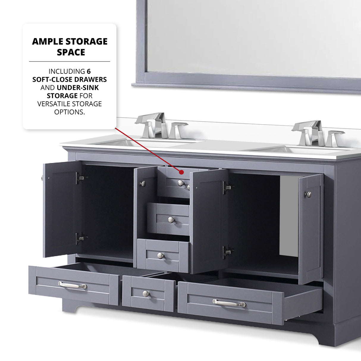 Dukes 60" Dark Grey Double Vanity, White Quartz Top, White Square Sinks and 58" Mirror w/ Faucets