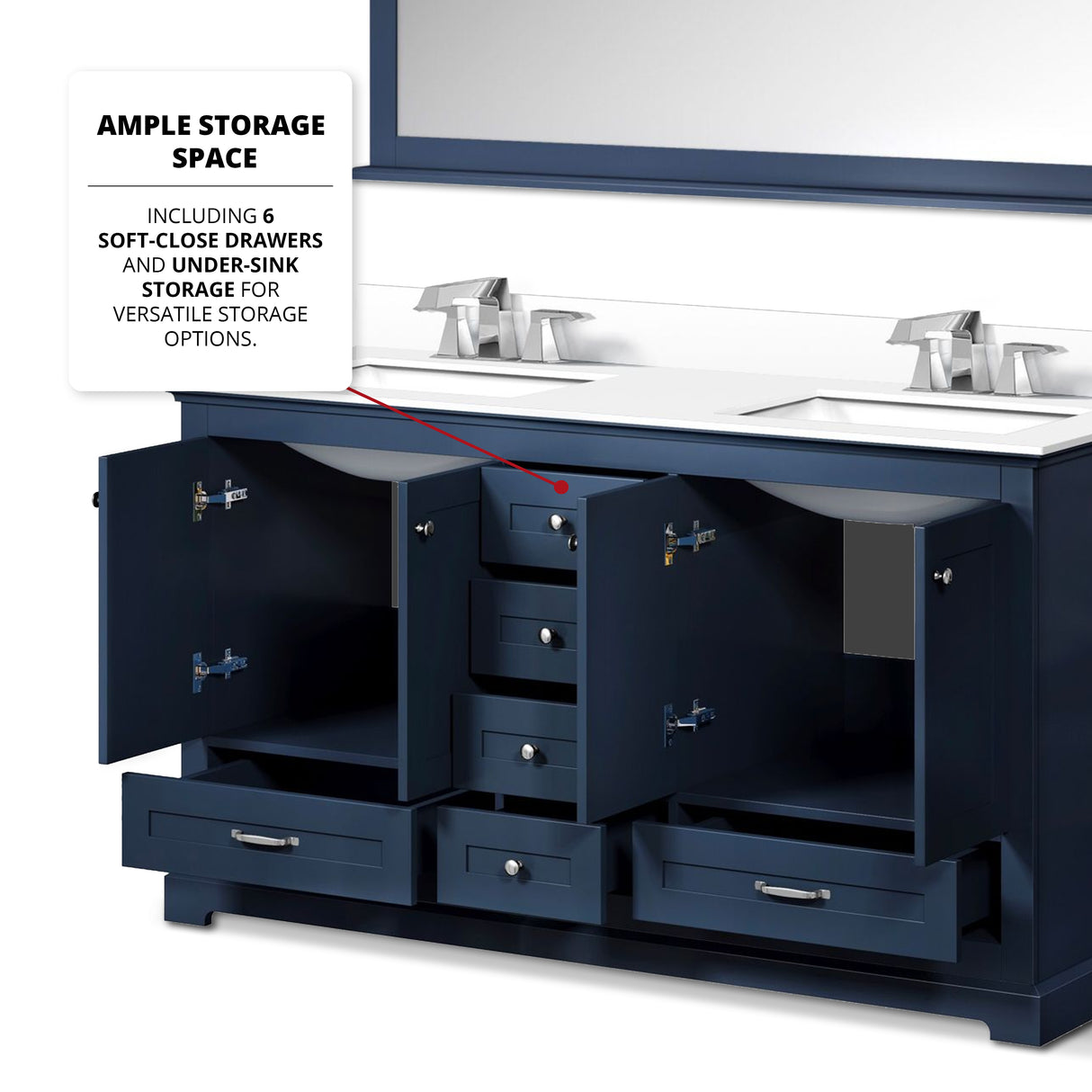 Dukes 60" Navy Blue Double Vanity, White Quartz Top, White Square Sinks and 58" Mirror w/ Faucets