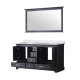 Dukes 60" Espresso Double Vanity, White Quartz Top, White Square Sinks and 58" Mirror