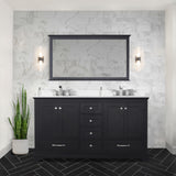 Dukes 60" Espresso Double Vanity, White Quartz Top, White Square Sinks and 58" Mirror w/ Faucets