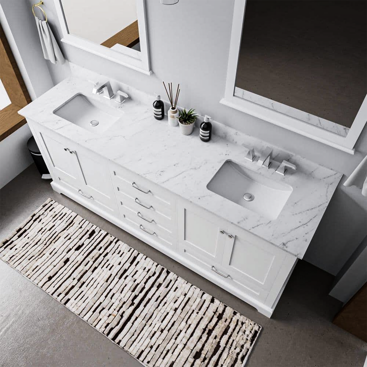 Dukes 80 in. Bathroom Freestanding Bathroom Vanity With Undermount Ceramic Sink with White Carrara Marble Top