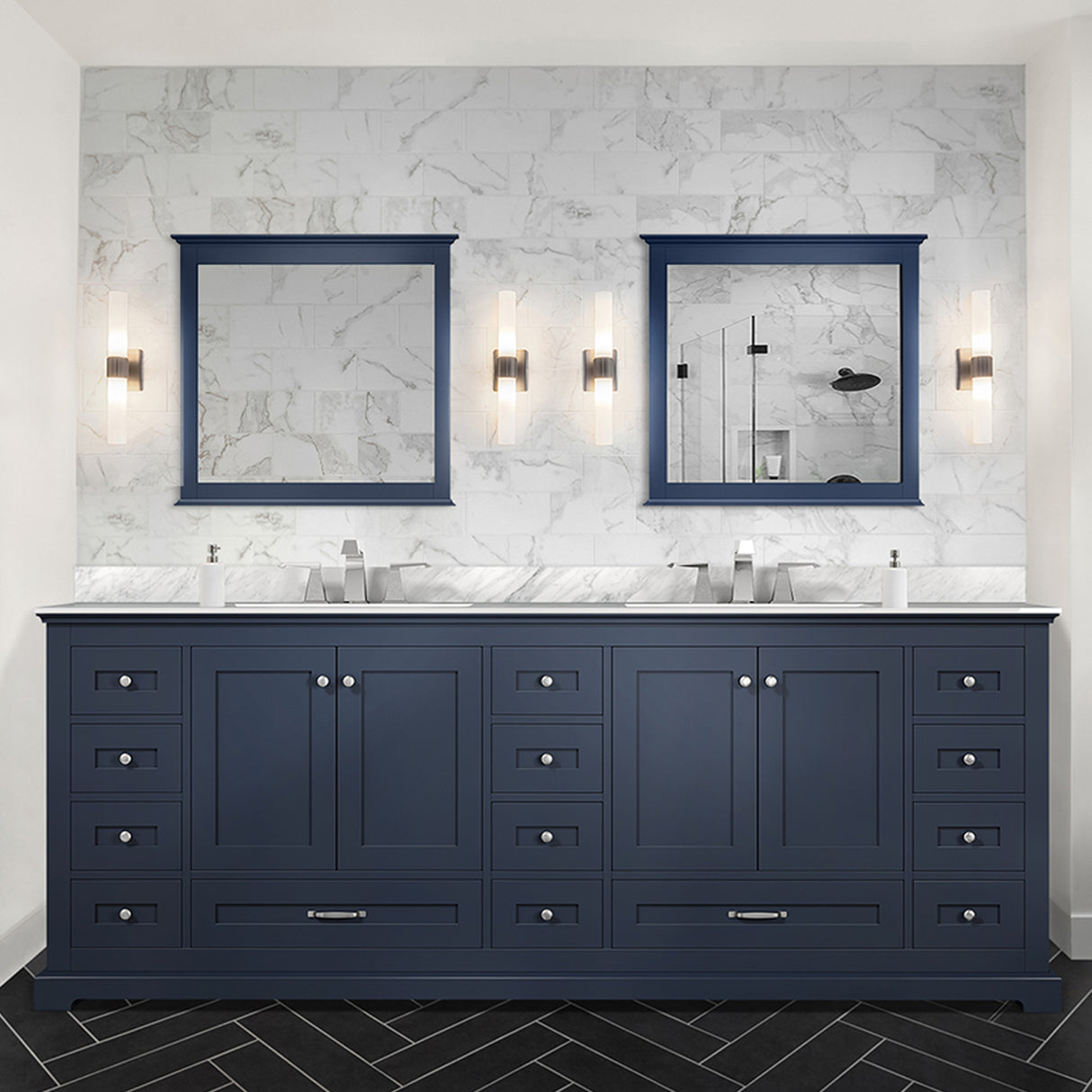 Dukes 84 in. Freestanding Bathroom Vanity with White Carrara Marble Top, White Square Sink
