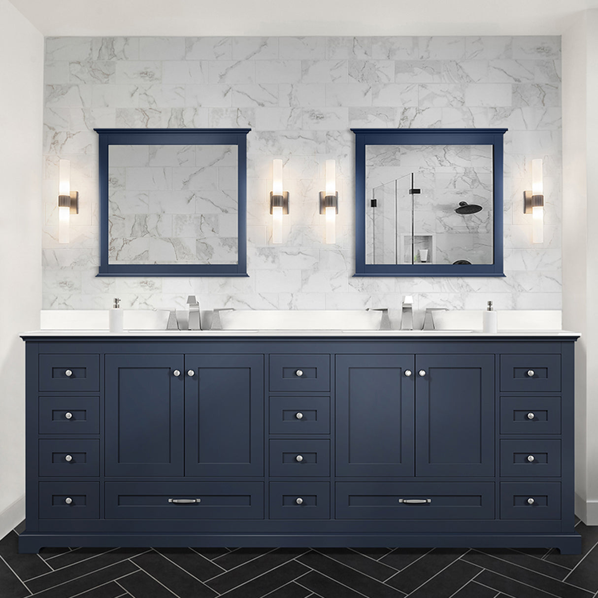 Dukes 84" Navy Blue Double Vanity, White Quartz Top, White Square Sinks and 34" Mirrors w/ Faucets