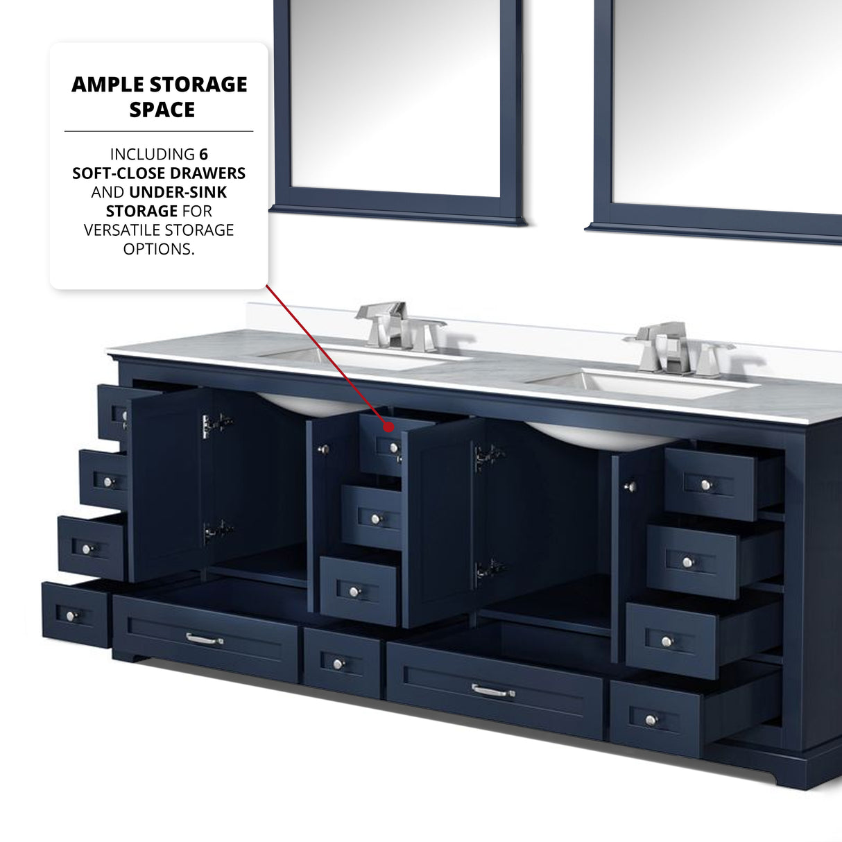Dukes 84" Navy Blue Double Vanity, White Quartz Top, White Square Sinks and 34" Mirrors