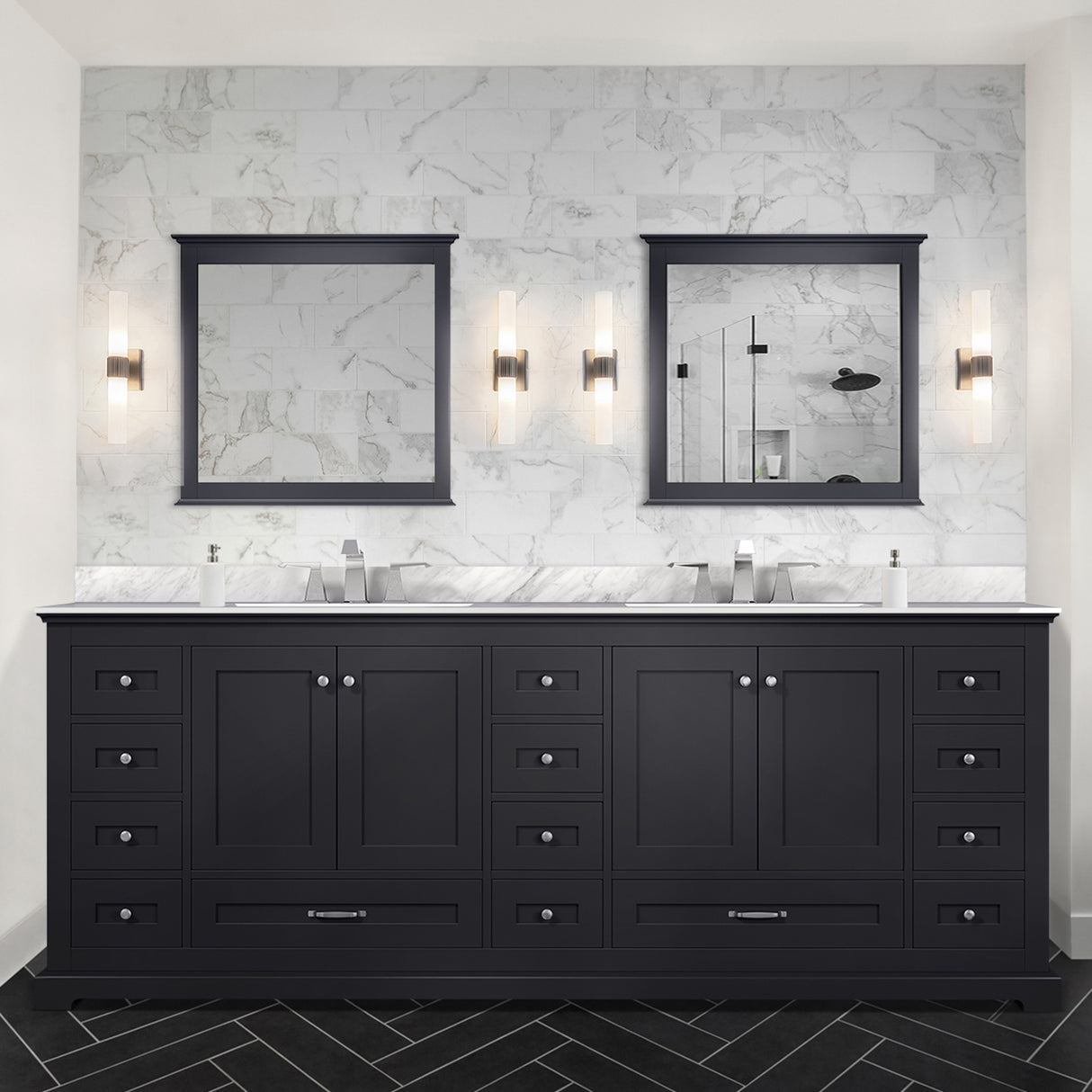 Dukes 84 in. Bathroom Freestanding Bathroom Vanity With Undermount Ceramic Sink with White Carrara Marble Top