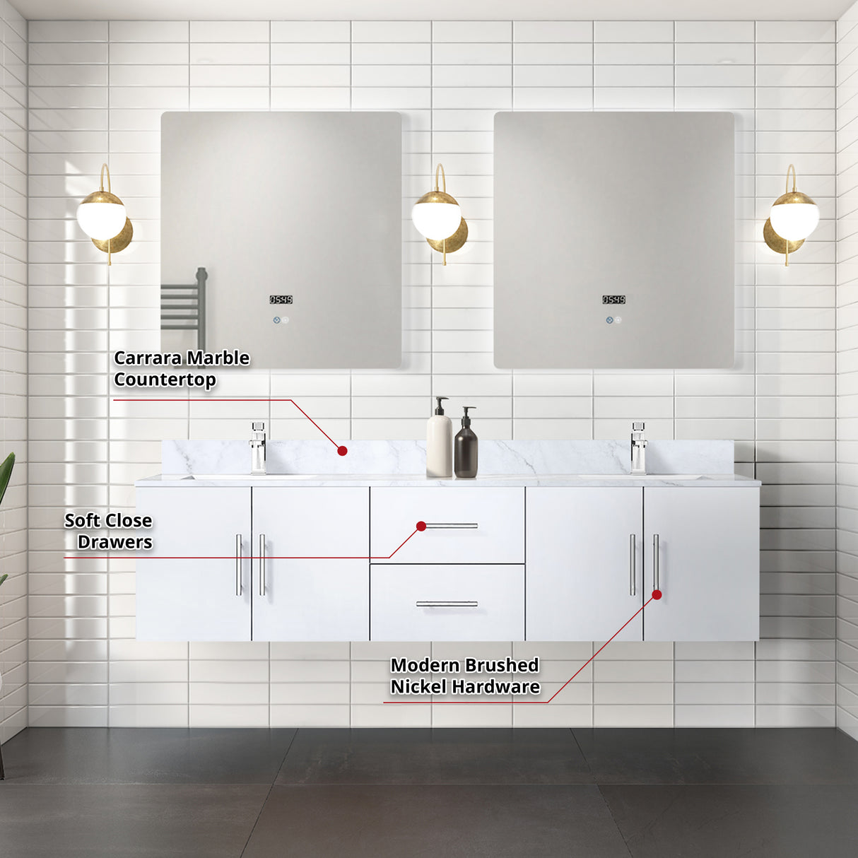Geneva 72 in. Bathroom Floating Bathroom Vanity With Undermount Ceramic Sink With White Carrara Marble Top